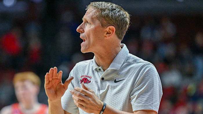 Razorbacks coach Eric Musselman on the sidelines in NCAA first round matchup against Illinois.